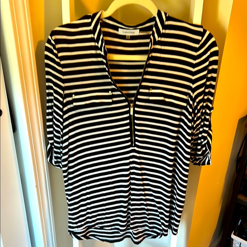 Calvin Klein Black and White Zippered Blouse with Mandarin Collar